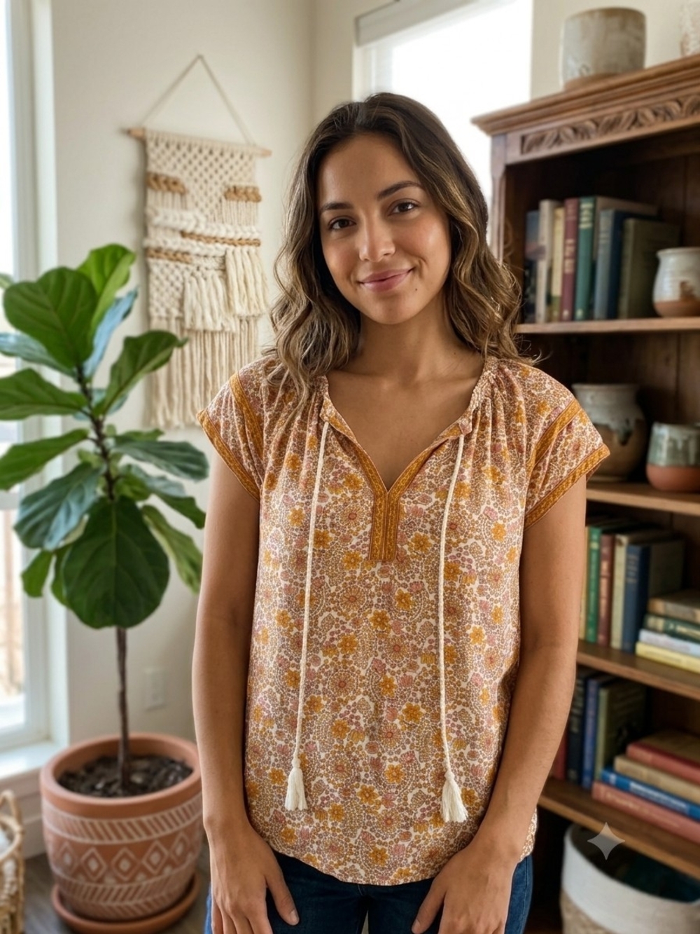 DR2 Boho Floral Peasant Blouse Size L Yellow Orange Tassel Tie Neck Rayon Top